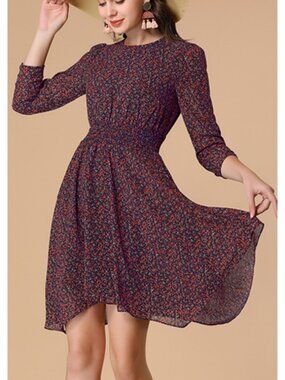 Allegra K Floral Chiffon Smocked 3/4 Sleeve Dress